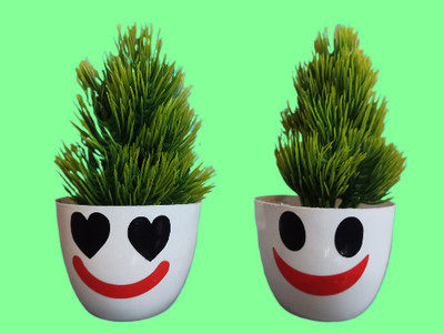 BZILO Cute Artificial Plants for Home Décor Emoji Varient Design Pack of 2 P23 Bonsai Wild Artificial Plant  with Pot(10 cm, Multicolor)