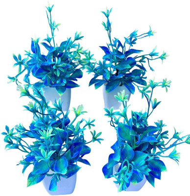 Synthetic Decorative Plant 4 Artificial Plants (Blue Leaves) Bonsai Wild Artificial Plant  with Pot(20 cm, Blue)