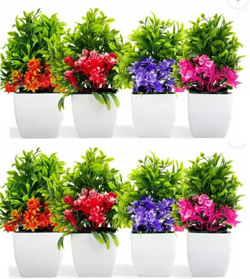 Assembled 8 Decorative Bonsai Wild Artificial Plant with Pot (15 cm, Green, White) Bonsai Artificial Plant  with Pot(17 cm, Green)