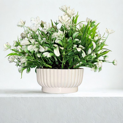 Laal Gulabi Artificial Mini White Flower & Green Foliage Plants with Pot for Home Office Artificial Plant  with Pot(18 cm, Green)