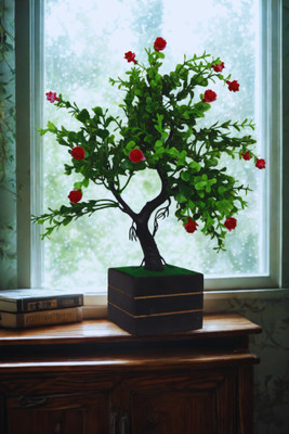 Goswami enterprises Artificial Bonsai Tree for Home & Office Decor | Small Decorative Plant with Pot Bonsai Artificial Plant  with Pot(25 cm, Green, Red)