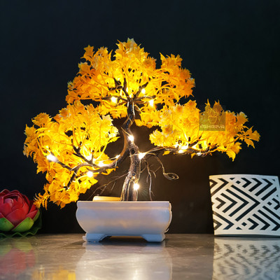 Asharya Artificial Bonsai Plant with LED Light| Pot for Office, Room Decor Bonsai Wild Artificial Plant  with Pot(23 cm, Yellow)