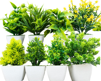 LAVIOR Artificial grass potted Plants Set of 8 for Home Bathroom Office Artificial Plant  with Pot(20 cm, Green)