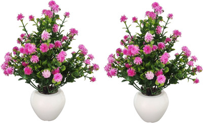 BAARIG Set of 2 Table Flower top Bonsai for home shop office gifting Purple, Green Camellia Rose Artificial Flower  with Pot(8 inch, Pack of 2, Flower with Basket)