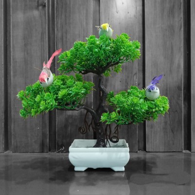 Decogreen PPS GREEN, 3BIRDS, WITH SHIP POT. For Home, Office Decor & Study Table Bonsai Wild Artificial Plant  with Pot(22 cm, Green)