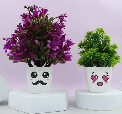 TinyGreens Cute Artificial Plant with Small Pot for Home Decor (Green, 1 Pcs Each) Artificial Plant  with Pot(20 cm, White)