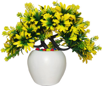 Maah Blooms Maah Bloom's Med-Yellow Green Bonsai Artificial Plant  with Pot(30 cm, Yellow)