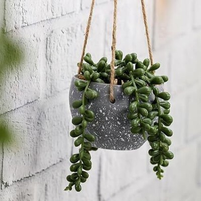 Satyam Kraft 1 Piece Artificial hanging Succulent Plant with aesthetic ceramic cement pot Artificial Plant  with Pot(14 cm, Green)