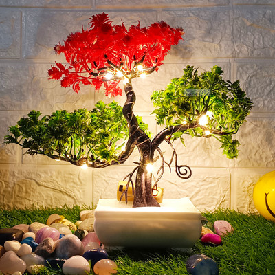 Handybee Faux Tree for Home Decor - Faux Tree Indoor Decor Bonsai Wild Artificial Plant  with Pot(24 cm, Red, Green)