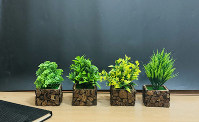 Ryme Small Artificial Potted Plants With Wooden Pot/Vase (Set of 4) Bonsai Wild Artificial Plant  with Pot(16 cm, Multicolor)