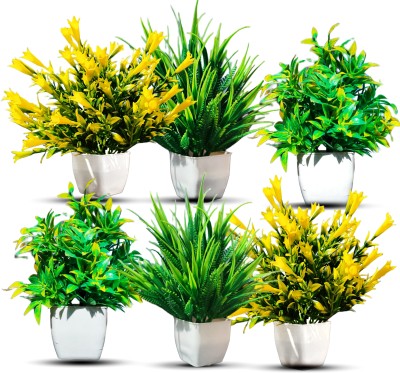 NOORUS ARTIFICIAL PLANT AND FLOWER FOR HOME DECORE PACK OF 06 Wild Artificial Plant  with Pot(15 cm, Green, Yellow)