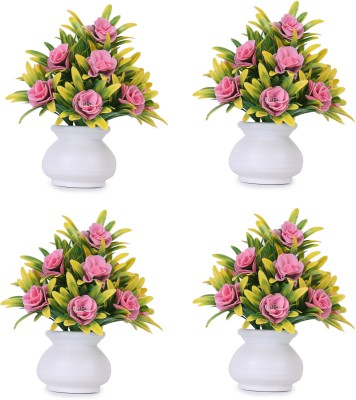 KanRaj Artificial Rose Flower Set of 4 Roses with pot (Natural Looking) Pink Wild Flower Artificial Flower  with Pot(6 inch, Pack of 4, Flower with Basket)