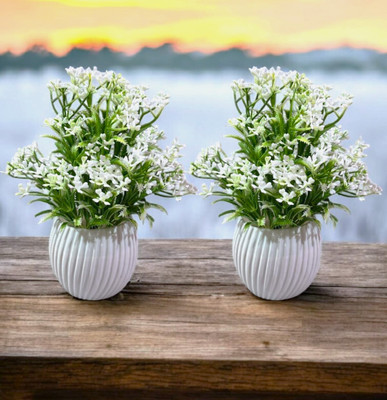 trust style interiors Natural Looking White Flower Plant Set of 2 Artificial Plant  with Pot(15 cm, White, Green)