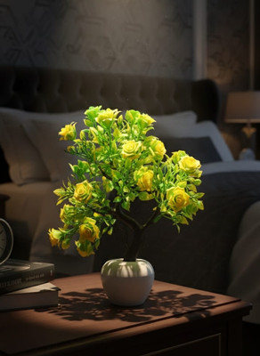 all bizz Yellow green rose Bonsai Wild Artificial Plant  with Pot(25 cm, Multicolor)