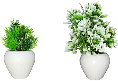 GREENISH Artificial Flower Plant with Pot | Realistic Faux Flowers for Home Decor | Bonsai Wild Artificial Plant  with Pot(15 cm, Green)