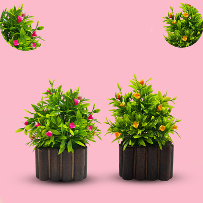 Handybee Set of 2-Elegant Artificial Flower Plants with Wooden Pot For - home décor Bonsai Wild Artificial Plant  with Pot(13.5 cm, Multicolor)