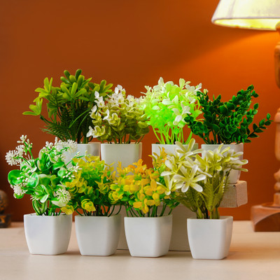 Dreamcart Set Of 8 Decorative Mini Artificial Flowers Plants with Pot for Home & Office Bonsai Wild Artificial Plant  with Pot(15 cm, Multicolor)