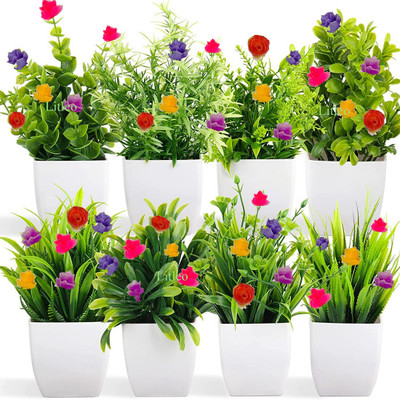 CARNIVAL Pack of 8 flower plant green Bonsai Artificial Plant  with Pot(15 cm, Green)