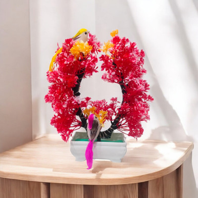 DIYANK pink and red artificial plant with 2 cute sparrows and multicolor led lights Bonsai Wild Artificial Plant  with Pot(23.5 cm, Red, Yellow)