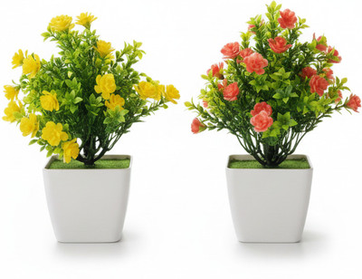 plantworld Decorative Artificial Plant with Flower Bonsai Wild Artificial Plant  with Pot(20 cm, Red, Yellow)