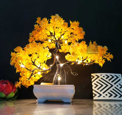 MODO Artificial Bonsoi Tree with Sparrow for Living Room Decor with LED Light Bonsai Wild Artificial Plant  with Pot(24 cm, Yellow)