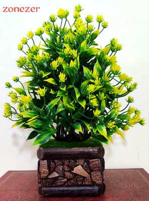 zonezer Best For Home/Shop/Office Table Flower Top with Stylish Coconut Pot Bonsai Wild Artificial Plant  with Pot(24 cm, Yellow, Green)