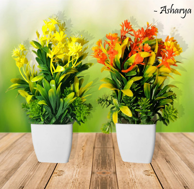 Asharya Fake Potted Plants with Artificial Flowers For Home Office | Realistic Set Of 2 Bonsai Artificial Plant  with Pot(11 cm, Yellow, Orange)
