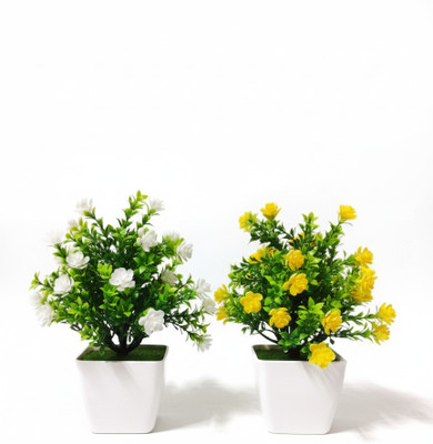 plantworld Decorative Artificial Plant with Flower Bonsai Wild Artificial Plant  with Pot(20 cm, White, Yellow)
