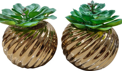 Nurahome Artificial Green Succulent with Gold Ceramic Pot – Home & Office Décor Bonsai Artificial Plant  with Pot(15 cm, Green)