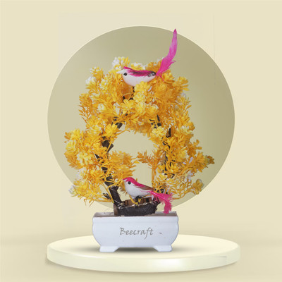 beecraft Artificial Bonsai Plant, 2 Sparrow with LED Light| Pot for Office, Room Decor Bonsai Artificial Plant  with Pot(23 cm, Yellow)