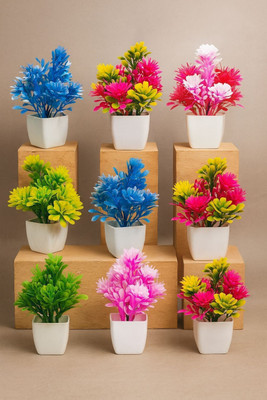 Zupito Combo of 9 Artificial Flower Pots for Home & Office Table Decoration Artificial Plant with Pot(14 cm, Multicolor)