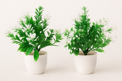 MythosBySS Bonsai Artificial Plant  with Pot(10 cm, White, Green)