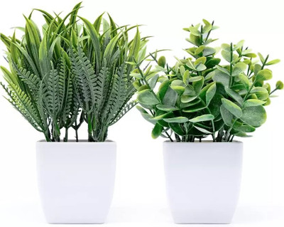 Dekorly Small artificial potted plants for indoor home decoration (PACK OF 2, Green) Bonsai Wild Artificial Plant  with Pot(15 cm, Green)