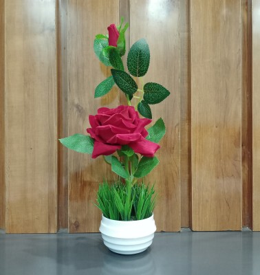 Decogreen 1,P ROSE LR POT GRASS, For Home, Office Decor Study Table & Flower Bonsai Artificial Plant  with Pot(30 cm, Maroon, Red)