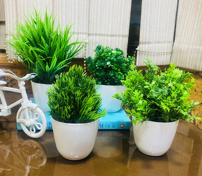Ryme Small Size Set Of 4 With Pot For Home And Office Decor Bonsai Wild Artificial Plant  with Pot(11 cm, Green)