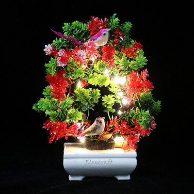 Bloom Artificial Bonsai Plant with 2 Sparrow Top with LED Light For Home and Office Bonsai Artificial Plant(23 cm, Red, Green)
