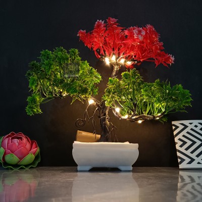 Asharya Artificial Bonsai Plant with LED Light| Pot for Office, Room Decor Bonsai Wild Artificial Plant  with Pot(23 cm, Red, Green)
