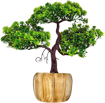 Show Style Artificial Green Flower 3Branch Tree with Round Wooden Pot for Home Office decor Bonsai Artificial Plant  with Pot(30 cm, Green)