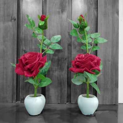 Decogreen Set of-2 Red Rose, With Apple Pot, For Home, Office Decor Study Table & Flower Bonsai Artificial Plant  with Pot(33 cm, Red)