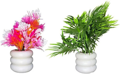 GREENISH Artificial Flower Plant with Pot for Home, Office Decor Pack of 2 Bonsai Wild Artificial Plant  with Pot(15 cm, Green)