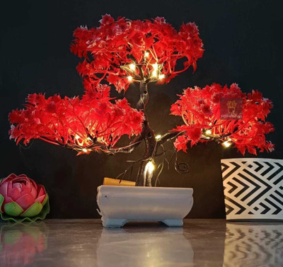 Moonex Artificial Bonsoi Tree with Sparrow for Living Room Decor with LED Light Bonsai Wild Artificial Plant  with Pot(24 cm, Red)