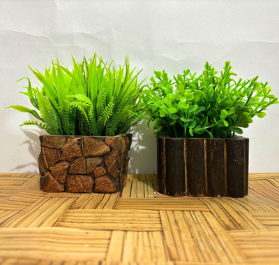 DODECROO Realistic Green Foliage Artificial Decorative Plants With Wooden Pots, Gift Item Bonsai Wild Artificial Plant  with Pot(13.5 cm, Green, Brown)