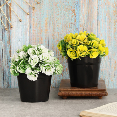 Foliyaj Set of 2 Artificial Plants With White and Yellow Rose Flowers Wild Artificial Plant  with Pot(16 cm, Multicolor)