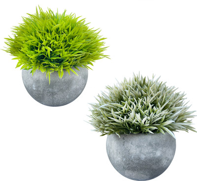 one mittii 2 pcs Artificial Potted Plants Bathroom Fake Plant Office Decor Mini Faux plant Artificial Plant  with Pot(12 cm, Green, White)