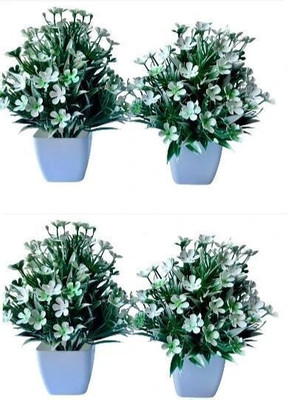 Faux Green Plant Artificial Flower Plant Set – White Pot (Pack of 4) Bonsai Wild Artificial Plant  with Pot(15 cm, Green, White)
