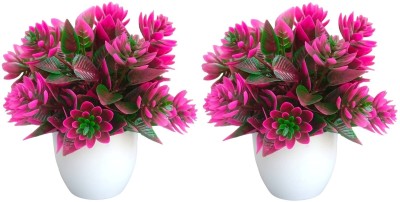JASSI FLORA Artificial Bonsai Plant ( Set of 2 ) with White Pot Bonsai Artificial Plant  with Pot(14 cm, Pink)
