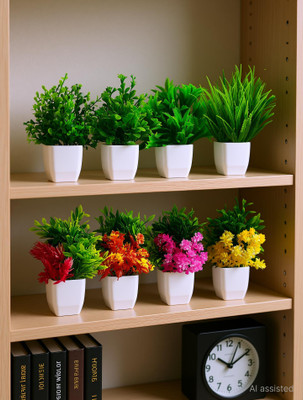 Handybee Artificial Potted Plants, 8 Pack Artificial Plastic Eucalyptus Plants Home Decor Bonsai Wild Artificial Plant with Pot(12 cm, Multicolor)