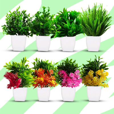 Handybee Artificial Potted Plants, 8 Pack Artificial Plastic Eucalyptus Plants Home Decor Bonsai Wild Artificial Plant with Pot(12 cm, Multicolor)