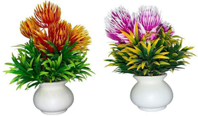 Laal Gulabi Artificial Potted Plants with Pot Small Faux Plants for Home & Office Decor Wild Artificial Plant  with Pot(15 cm, Green)