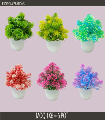 Exotica Creations Exotica Creations Small Green Rose Multi Colour Flower With Small Round Pot Bonsai Wild Artificial Plant  with Pot(17 cm, Multicolor, Green, Pink, Red)